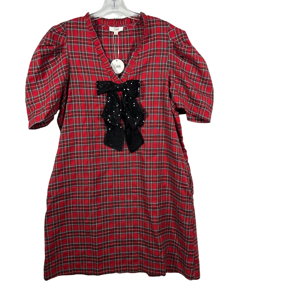 Oddi Red Plaid Puff Sleeve Dress with Sequin Bow ID18594P Womens 1XL NEW